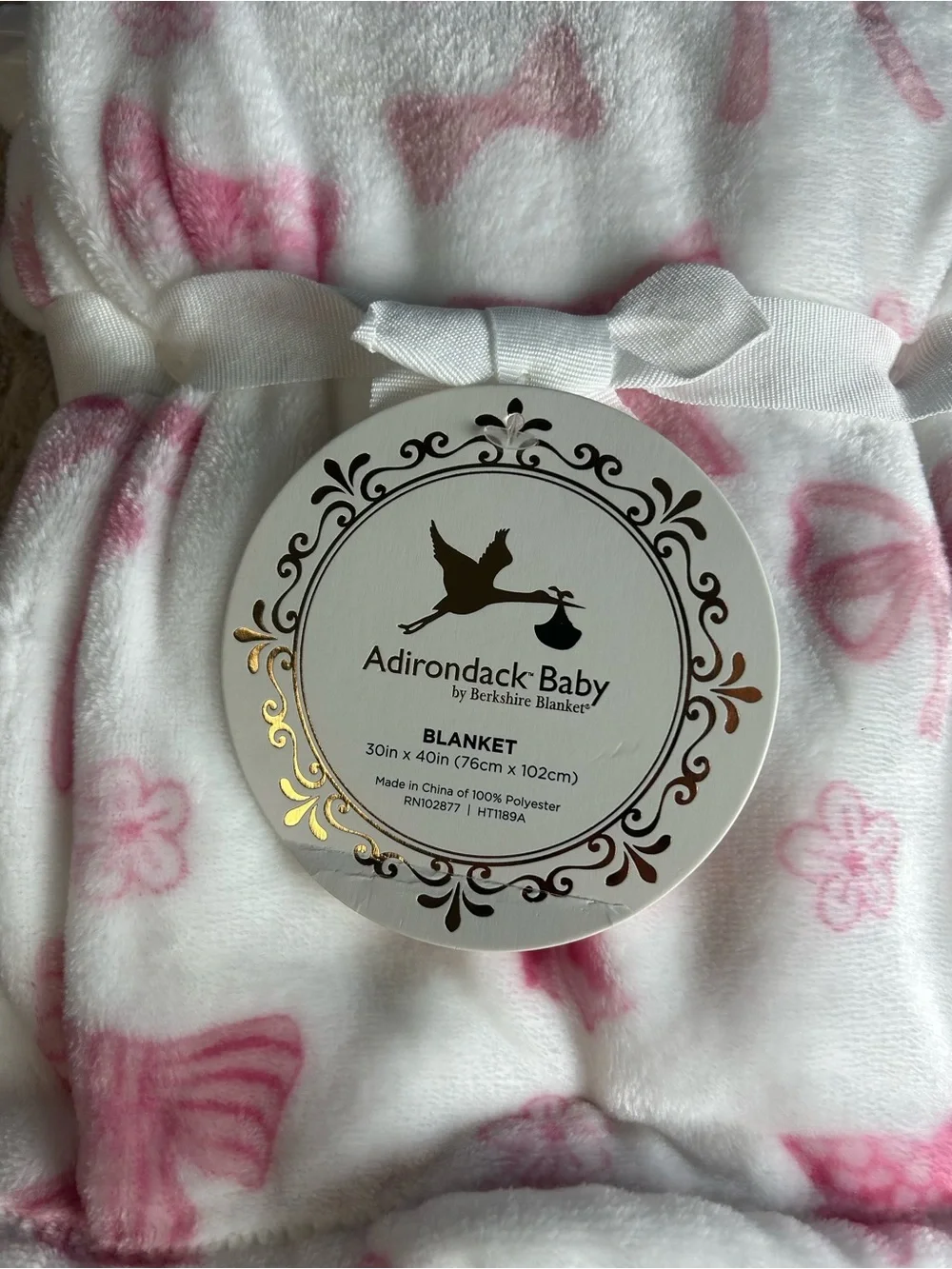 Adirondack Baby Pink White Bow Flower Blanket Soft Plush Berkshire Lovey Floral